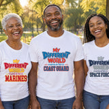 Three veterans in a park wearing white My Different World shirts for the U.S. Marines, Coast Guard and Space Force