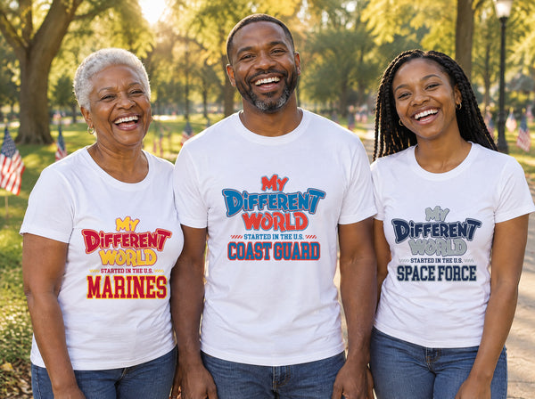 Three veterans in a park wearing white My Different World shirts for the U.S. Marines, Coast Guard and Space Force