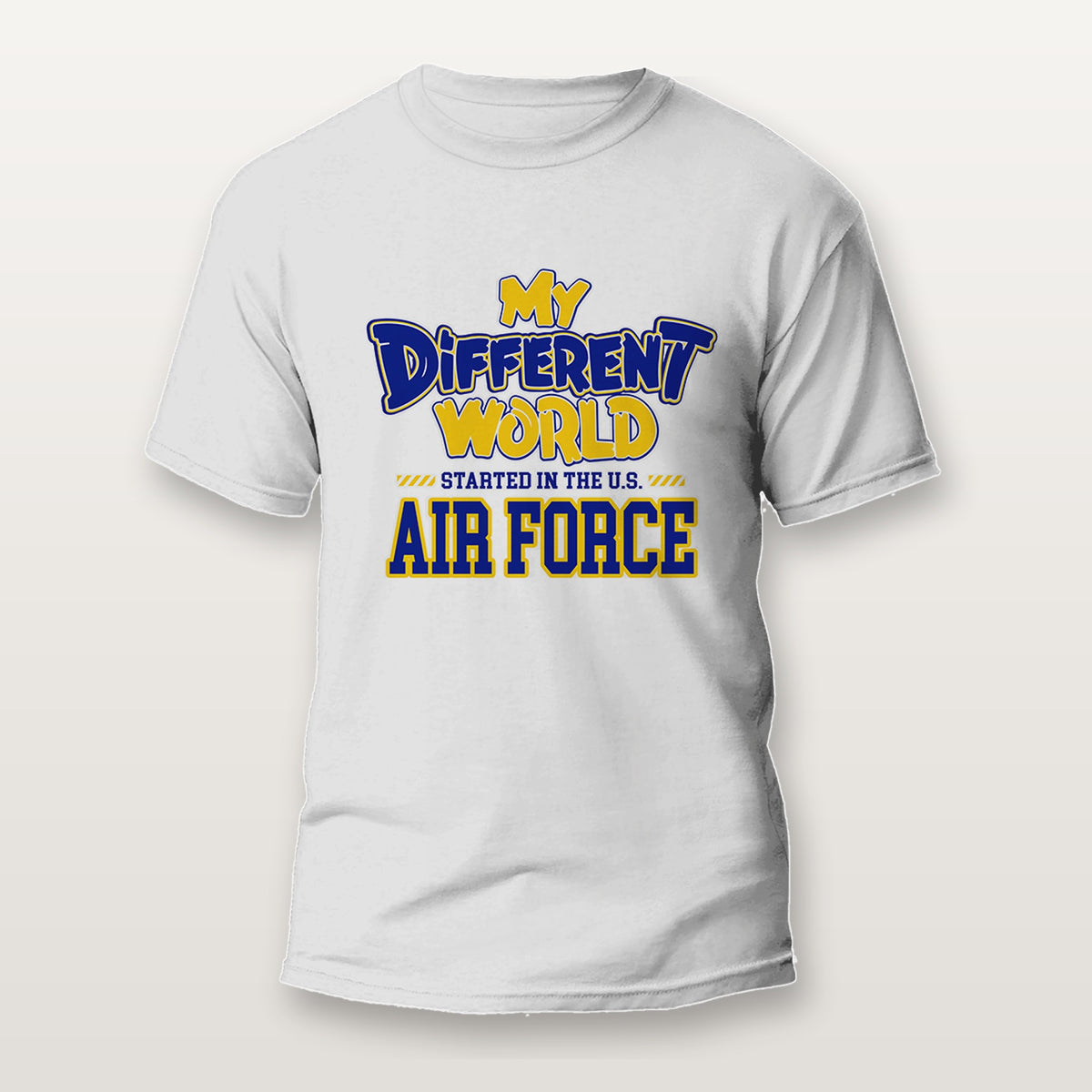 White veterans shirt that reads My Different World Started in the U.S. Air Force in blue and gold