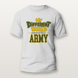 White veterans shirt that reads My Different World Started in the U.S. Army in Army green and gold
