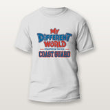 White veterans shirt that reads My Different World Started in the U.S. Coast Guard in blue and red