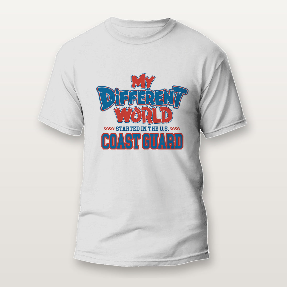 White veterans shirt that reads My Different World Started in the U.S. Coast Guard in blue and red