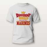 White veterans shirt that reads My Different World Started in the U.S. Marines in scarlet and gold