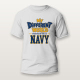 White veterans shirt that reads My Different World Started in the U.S. Navy in navy blue and gold