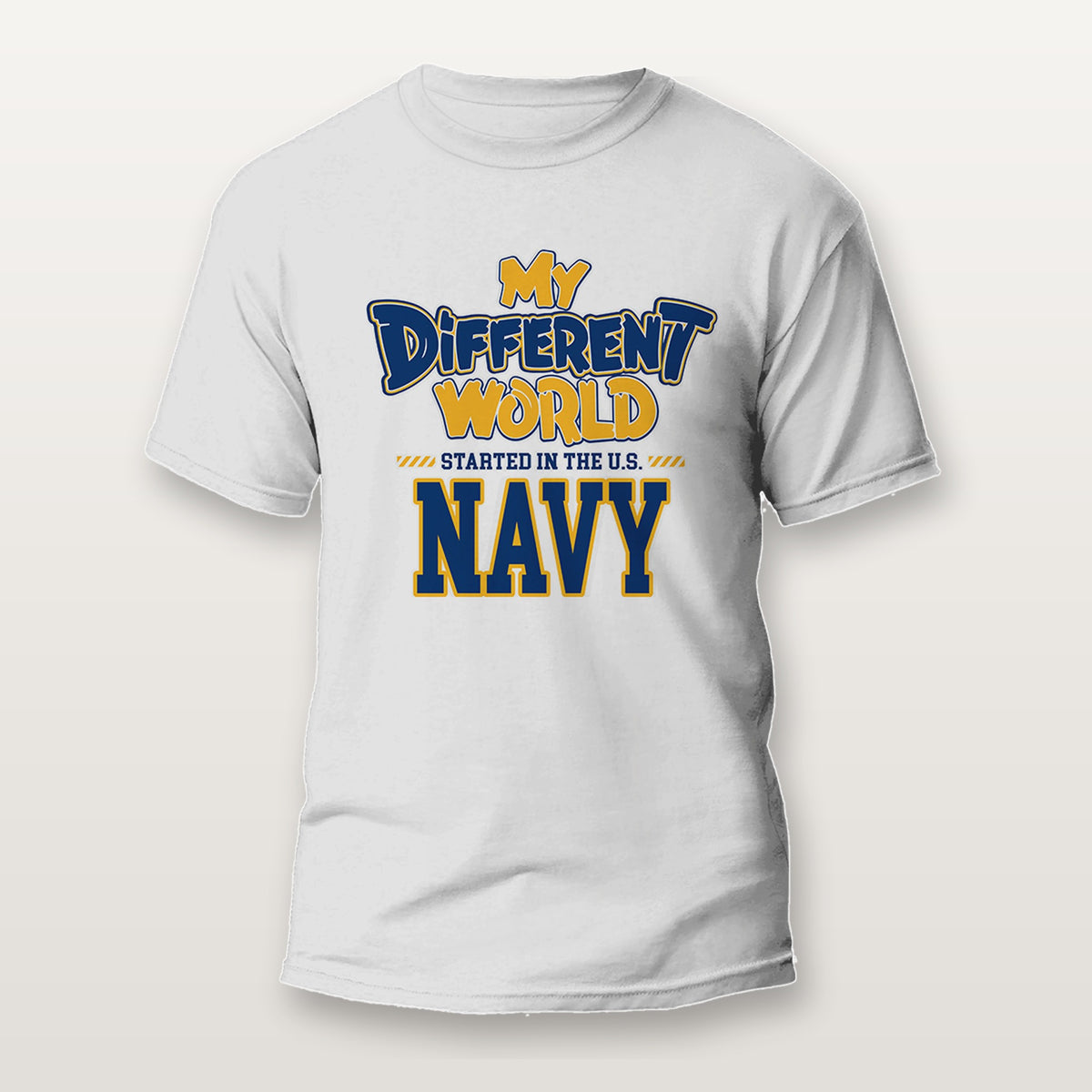 White veterans shirt that reads My Different World Started in the U.S. Navy in navy blue and gold