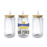Clear 16 oz glass can tumbler with bamboo lid and straw and the My Different World Started in the U.S. Air Force design