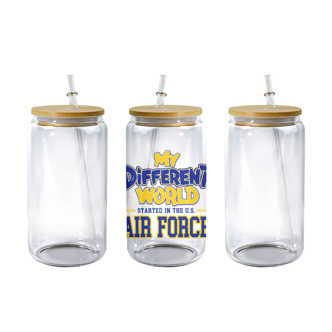 Clear 16 oz glass can tumbler with bamboo lid and straw and the My Different World Started in the U.S. Air Force design