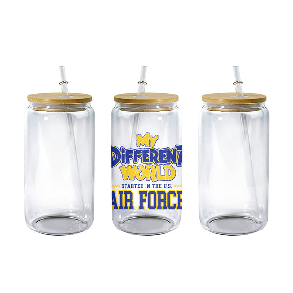 Clear 16 oz glass can tumbler with bamboo lid and straw and the My Different World Started in the U.S. Air Force design