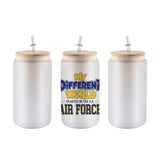Frosted 16 oz glass can tumbler with bamboo lid and straw and the My Different World Started in the U.S. Air Force design