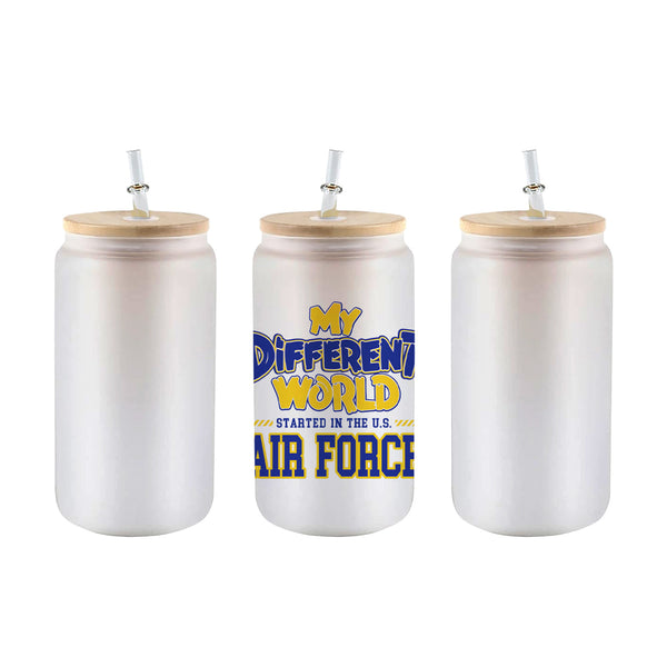 Frosted 16 oz glass can tumbler with bamboo lid and straw and the My Different World Started in the U.S. Air Force design