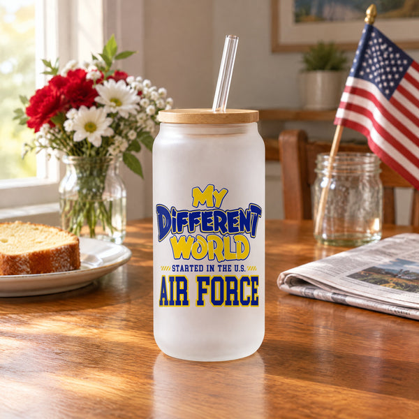 Frosted glass can with the My Different World U.S. Air Force design on a kitchen table on Veterans Day morning