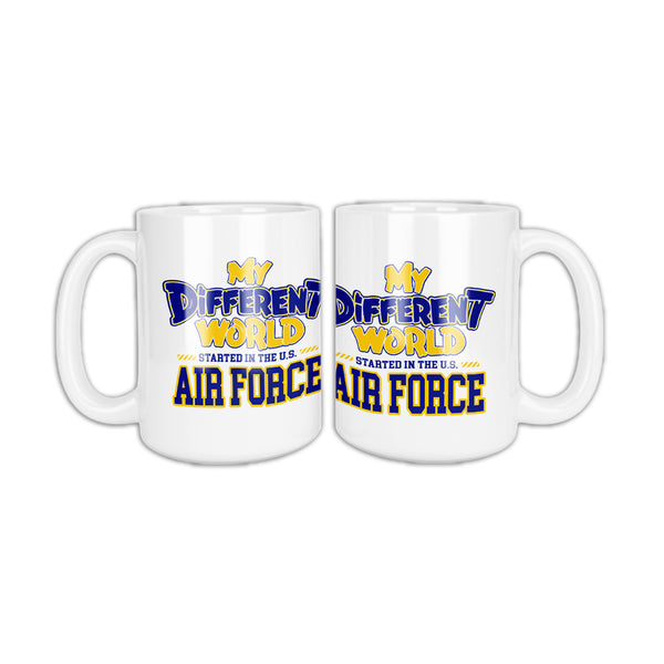 White coffee mug, two sides shown, that reads My Different World Started in the U.S. Air Force in blue and gold
