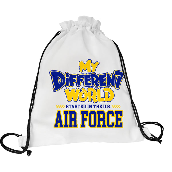 White drawstring backpack with black cords that reads My Different World Started in the U.S. Air Force in blue and gold