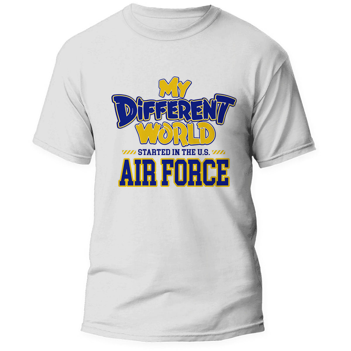 Front of the My Different World U.S. Air Force white tee, center print in blue and gold