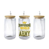 Clear 16 oz glass can tumbler with bamboo lid and straw and the My Different World Started in the U.S. Army design