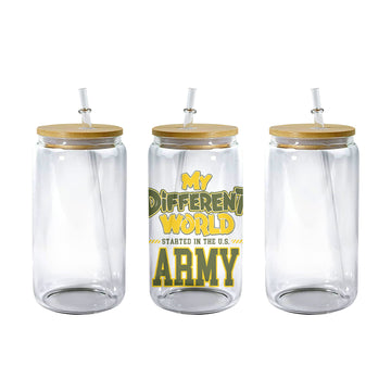 Clear 16 oz glass can tumbler with bamboo lid and straw and the My Different World Started in the U.S. Army design
