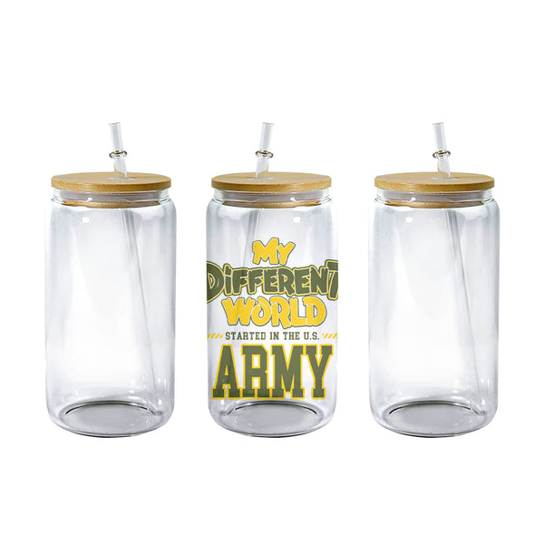 Clear 16 oz glass can tumbler with bamboo lid and straw and the My Different World Started in the U.S. Army design