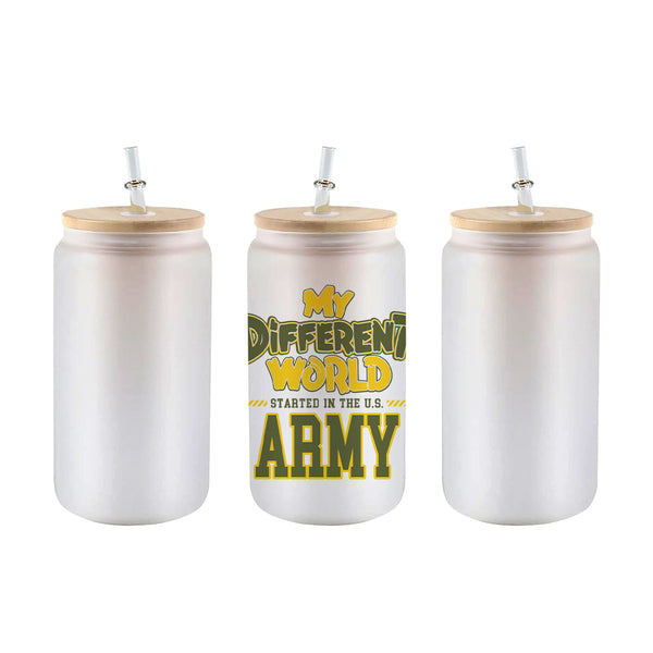 Frosted 16 oz glass can tumbler with bamboo lid and straw and the My Different World Started in the U.S. Army design
