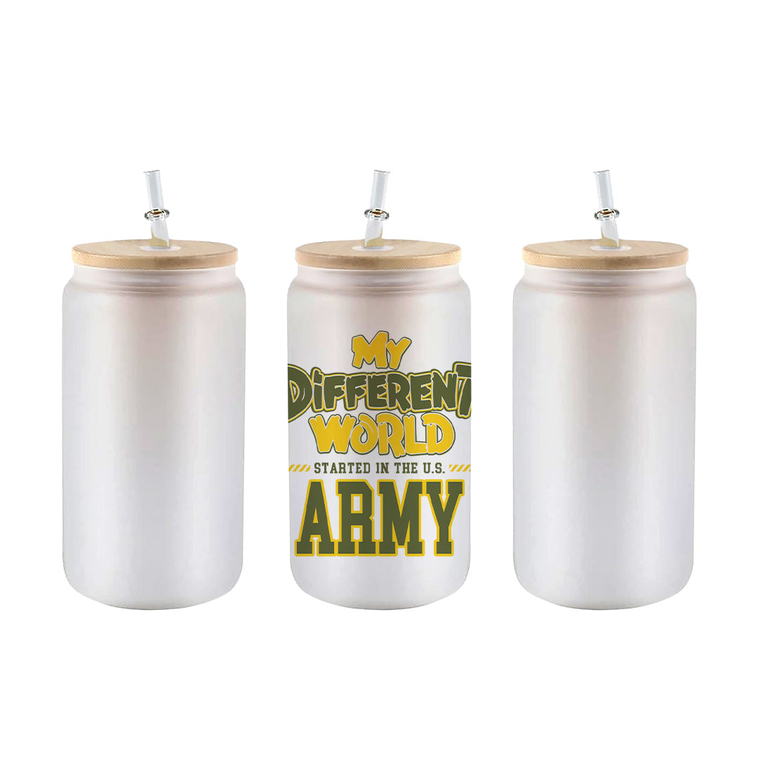 Frosted 16 oz glass can tumbler with bamboo lid and straw and the My Different World Started in the U.S. Army design