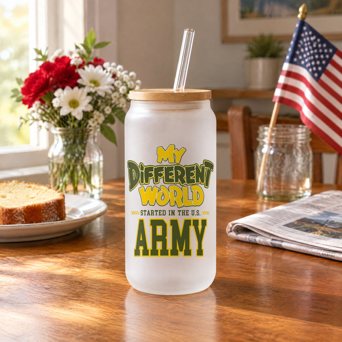 Frosted glass can with the My Different World U.S. Army design on a kitchen table on Veterans Day morning