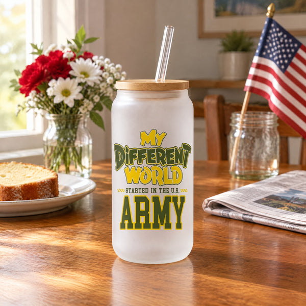 Frosted glass can with the My Different World U.S. Army design on a kitchen table on Veterans Day morning