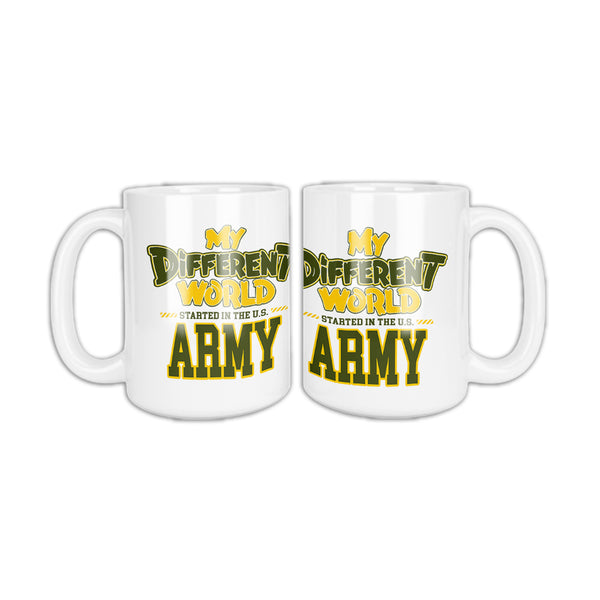 White coffee mug, two sides shown, that reads My Different World Started in the U.S. Army in Army green and gold