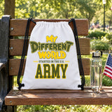 My Different World Started in the U.S. Army white drawstring backpack hanging on a wooden park bench, with a water bottle and a small American flag
