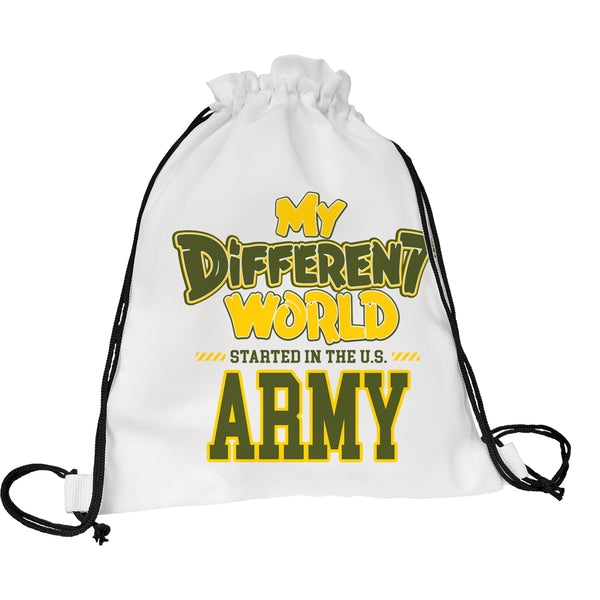 White drawstring backpack with black cords that reads My Different World Started in the U.S. Army in Army green and gold