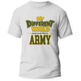 Front of the My Different World U.S. Army white tee, center print in Army green and gold