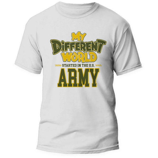 Front of the My Different World U.S. Army white tee, center print in Army green and gold