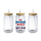 Clear 16 oz glass can tumbler with bamboo lid and straw and the My Different World Started in the U.S. Coast Guard design