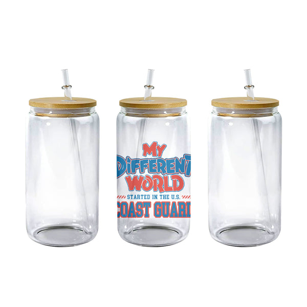 Clear 16 oz glass can tumbler with bamboo lid and straw and the My Different World Started in the U.S. Coast Guard design