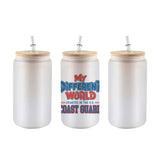 Frosted 16 oz glass can tumbler with bamboo lid and straw and the My Different World Started in the U.S. Coast Guard design