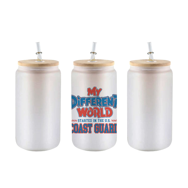 Frosted 16 oz glass can tumbler with bamboo lid and straw and the My Different World Started in the U.S. Coast Guard design