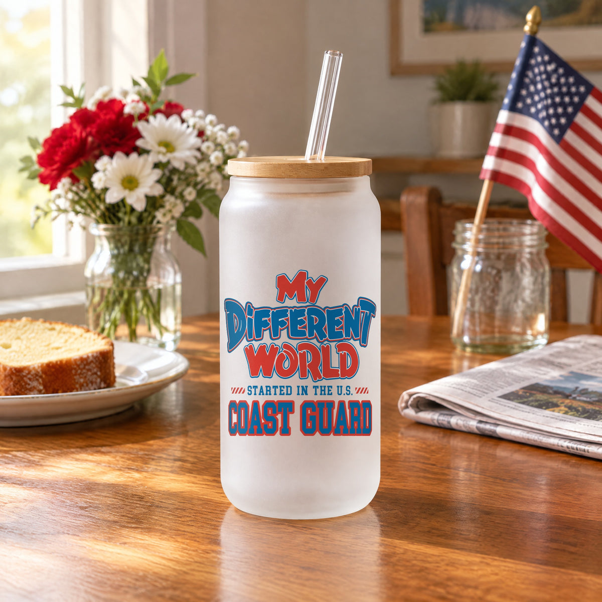 Frosted glass can with the My Different World U.S. Coast Guard design on a kitchen table on Veterans Day morning