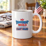 My Different World Started in the U.S. Coast Guard coffee mug with hot coffee on a wooden kitchen table, with reading glasses, a newspaper and a small American flag