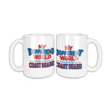 White coffee mug, two sides shown, that reads My Different World Started in the U.S. Coast Guard in blue and red