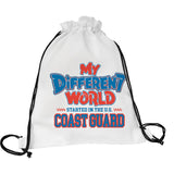 White drawstring backpack with black cords that reads My Different World Started in the U.S. Coast Guard in blue and red