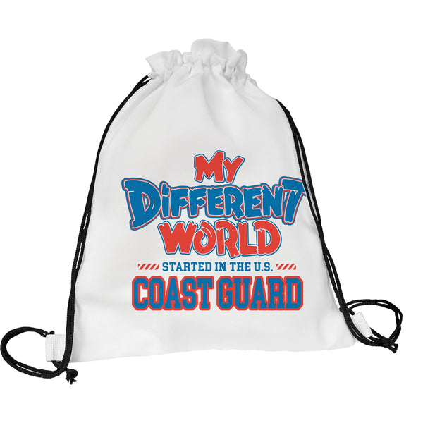 White drawstring backpack with black cords that reads My Different World Started in the U.S. Coast Guard in blue and red