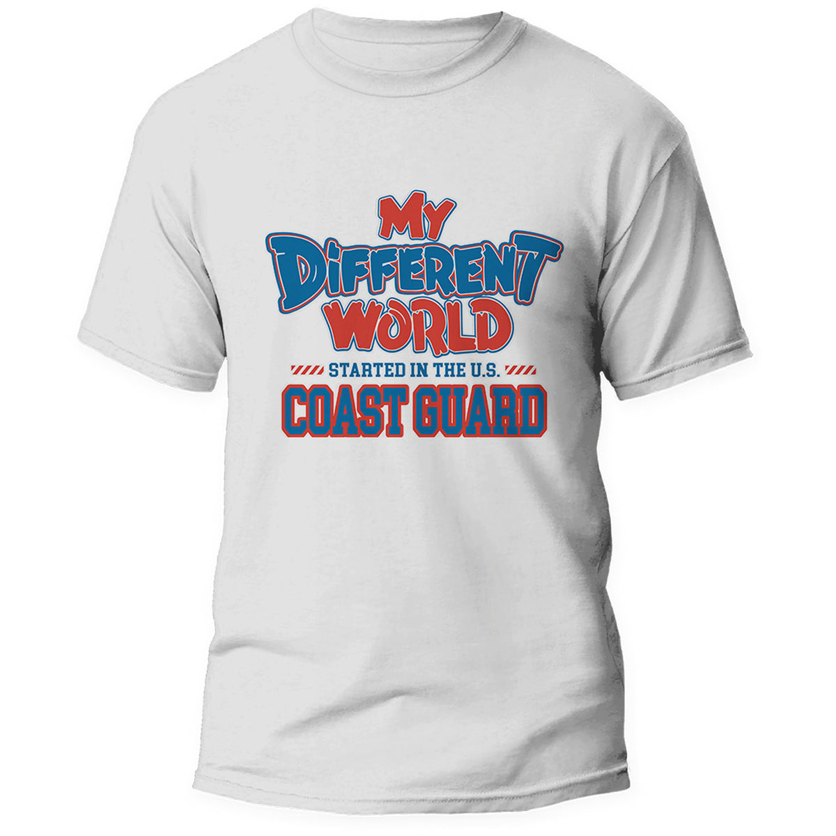 Front of the My Different World U.S. Coast Guard white tee, center print in blue and red