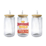 Clear 16 oz glass can tumbler with bamboo lid and straw and the My Different World Started in the U.S. Marines design