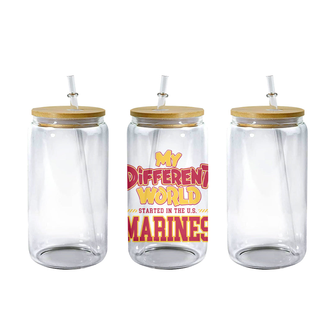 Clear 16 oz glass can tumbler with bamboo lid and straw and the My Different World Started in the U.S. Marines design