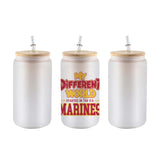 Frosted 16 oz glass can tumbler with bamboo lid and straw and the My Different World Started in the U.S. Marines design