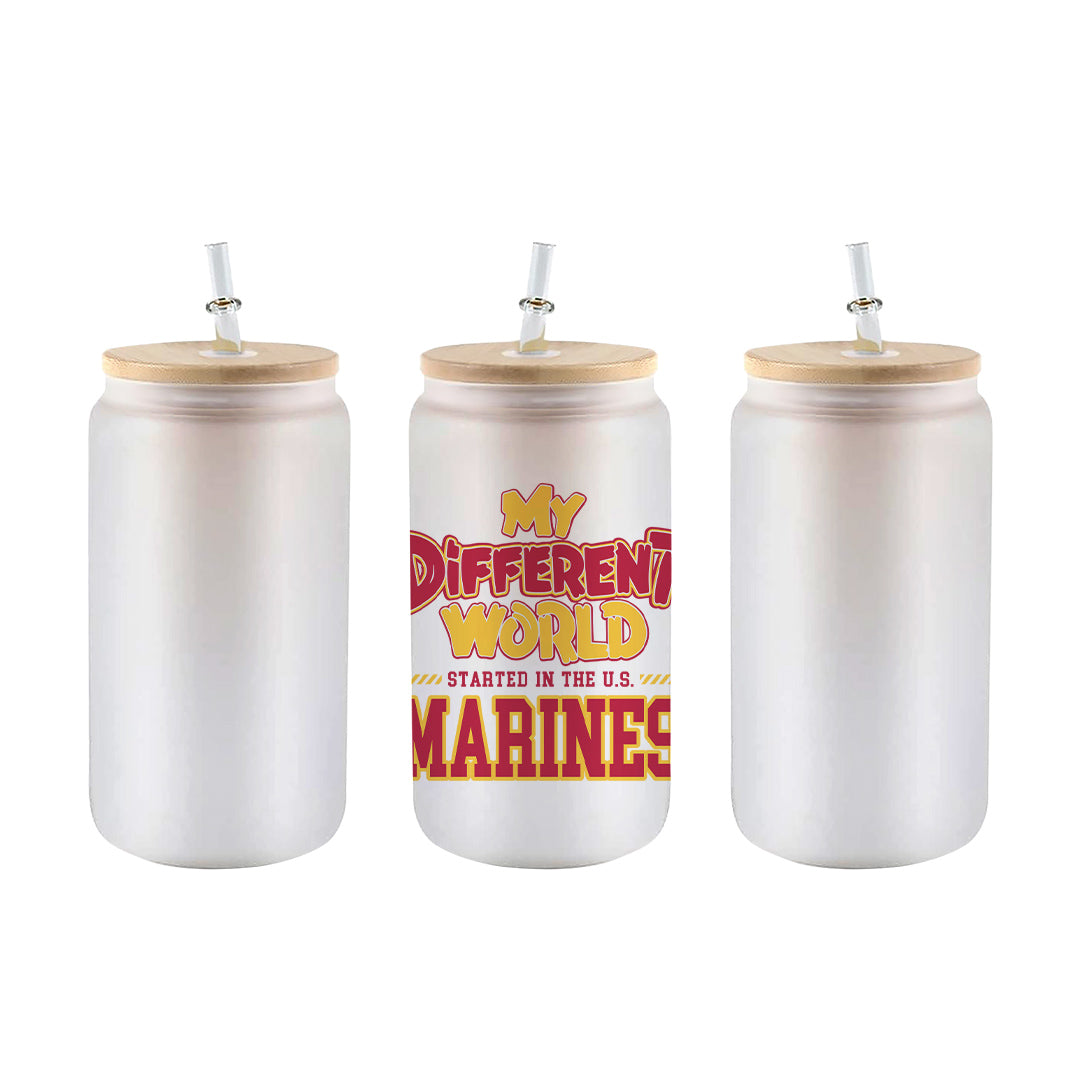 Frosted 16 oz glass can tumbler with bamboo lid and straw and the My Different World Started in the U.S. Marines design