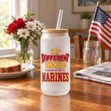 Frosted glass can with the My Different World U.S. Marines design on a kitchen table on Veterans Day morning