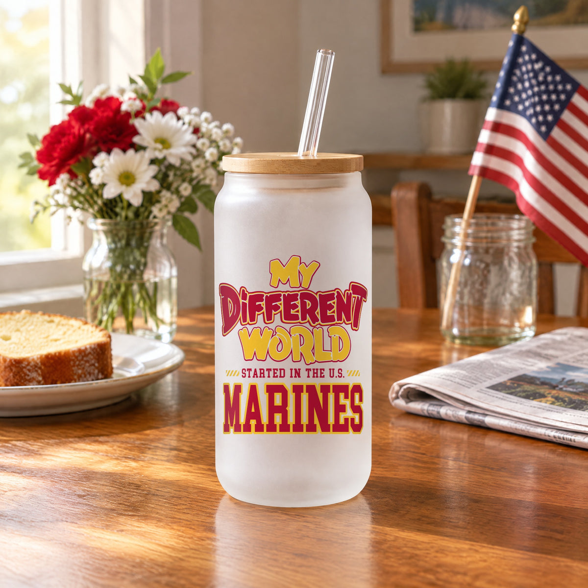 Frosted glass can with the My Different World U.S. Marines design on a kitchen table on Veterans Day morning