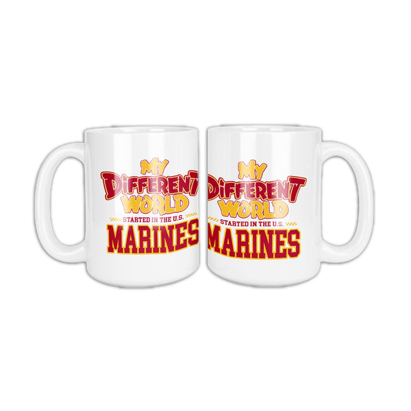 White coffee mug, two sides shown, that reads My Different World Started in the U.S. Marines in scarlet and gold