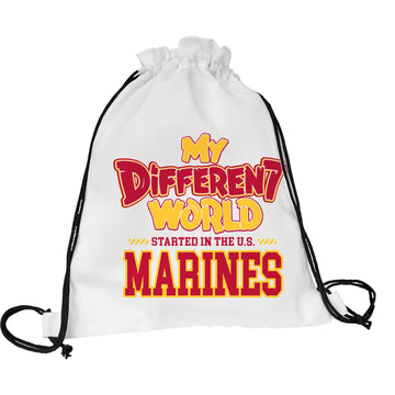 White drawstring backpack with black cords that reads My Different World Started in the U.S. Marines in scarlet and gold
