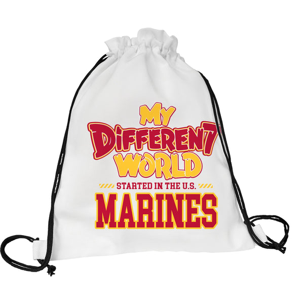 White drawstring backpack with black cords that reads My Different World Started in the U.S. Marines in scarlet and gold