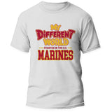 Front of the My Different World U.S. Marines white tee, center print in scarlet and gold